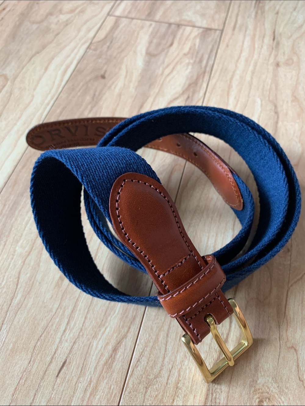 Orvis Navy Canvas & Brown Leather Belt with Gold Buckle